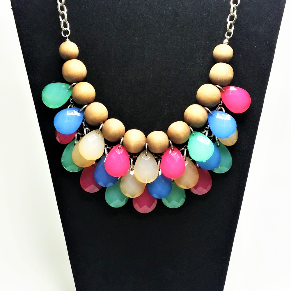 Colorful Drops and Wood Bead Statement Necklace